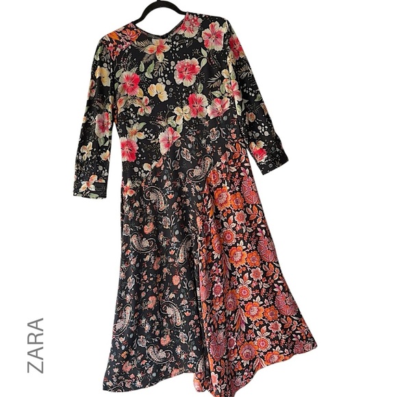 ZARA | NWOT PATCHWORK FLORAL PAISLEY BOHO MIDI DRESS ASYMMETRICAL HEM | MEDIUM - Picture 1 of 14